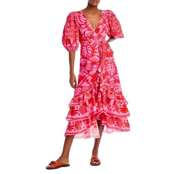 Farm Rio Jungle Scarf Wrap Midi Dress Red Size XL New With Tags - Picture 2 of 11